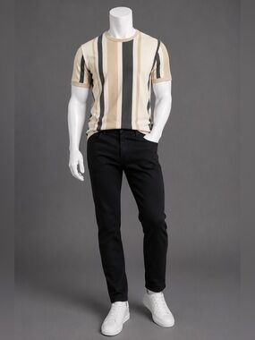 Truth Short Sleeve Vertical Stripe Tee in Ivory, Gray & Tan